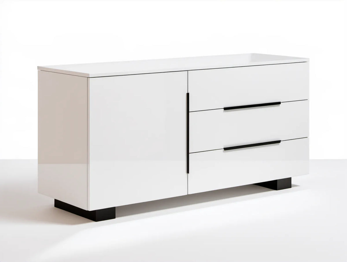 Biała komoda z płyty laminowanej 140 x 40 x 80 cm z 2 drzwiami i 2 szufladami
