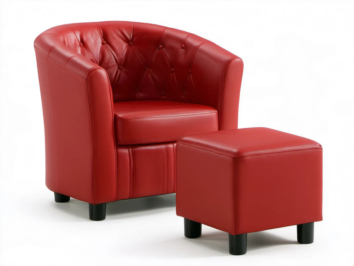 Czerwony fotel wypoczynkowy Chesterfield z podnóżkiem ze skóry syntetycznej PU, 71 x 56 x 75 cm