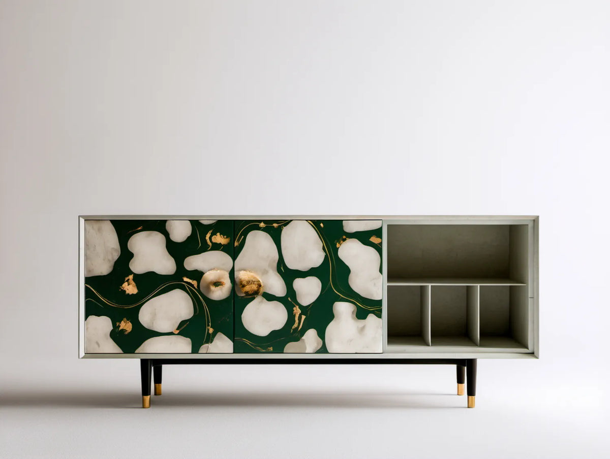 Kredens MDF 180 x 45 x 85 cm z przesuwnymi frontami, jasnoszary/zielony/biały/czarny/złoty