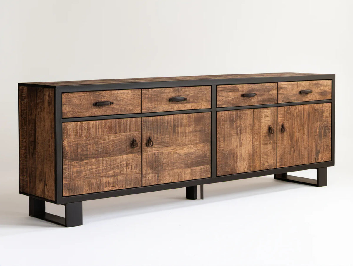 Brązowo-czarna komoda z litego drewna mango, 4 szuflady i 4 drzwi, 160 x 40 x 80 cm