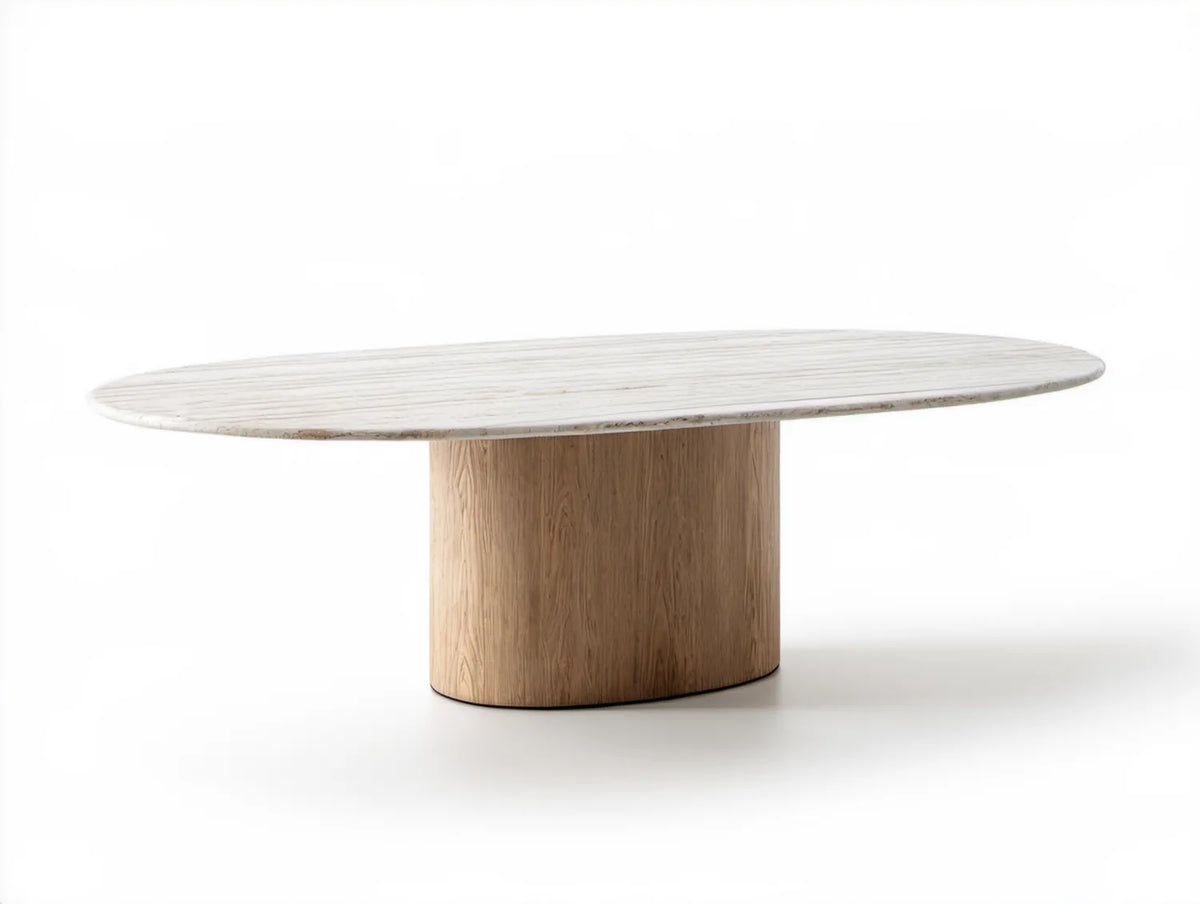 Owalny stół do jadalni z blatem z białego marmuru i podstawą w kolorze naturalnego dębu, 180 x 90 x 75 cm